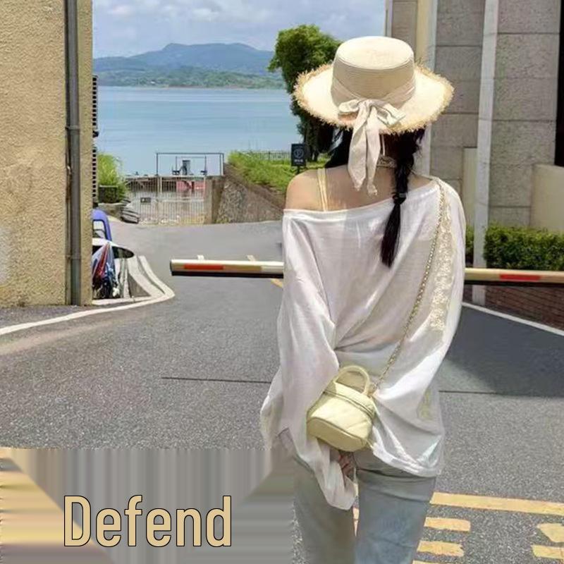 White Long Sleeve Beach Cover-Up Bikini Pullover, One Size, Sun Protection Shirt