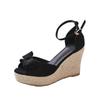Straw Wedge Heel Sandals Women's Summer Wear 2025 New Small High Bow High Heel Sandals One-word Buckle