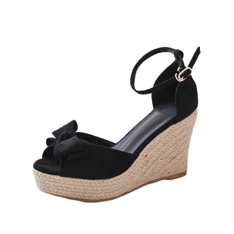 Straw Wedge Heel Sandals Women's Summer Wear 2025 New Small High Bow High Heel Sandals One-word Buckle