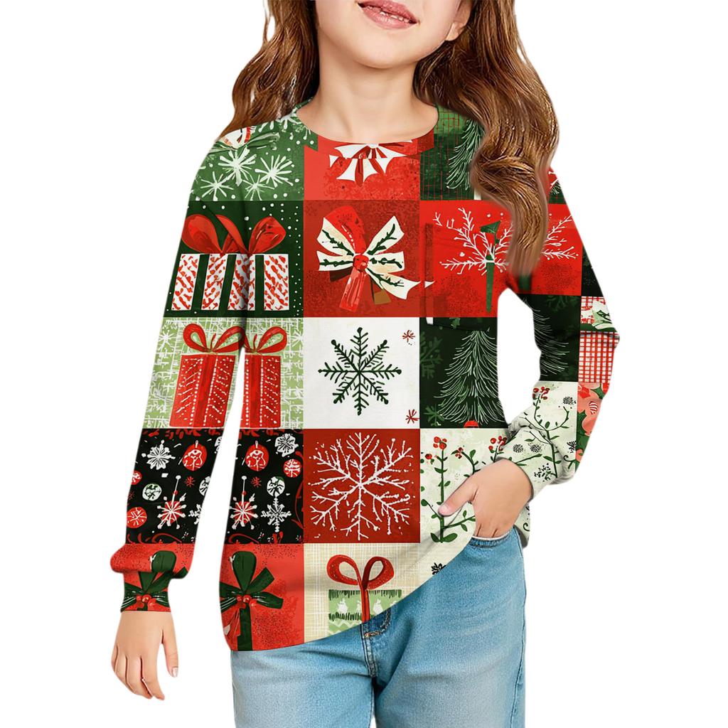 Christmas Day Girls' Long Sleeve Blouse - Round Neck Soft Waist Tunic