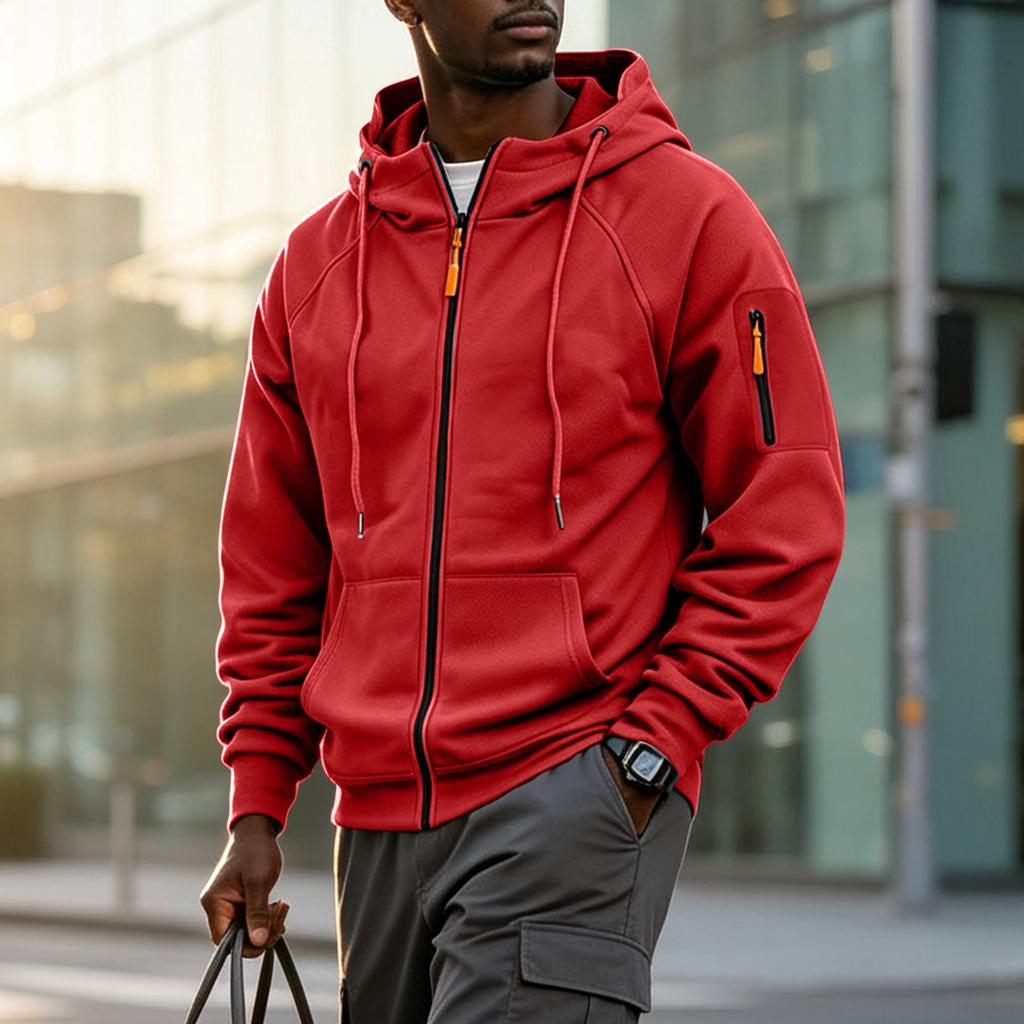 Men's Zip-Up Hooded Jacket with Raglan Sleeves for Fitness and Casual Wear