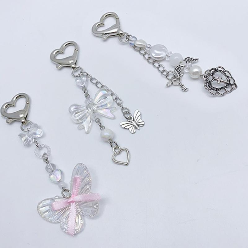 Butterfly Beaded Phone Lanyard Bowknot Pendant Wrist Strap Detachable Phone Chains Keyring Portable Accessory for Women