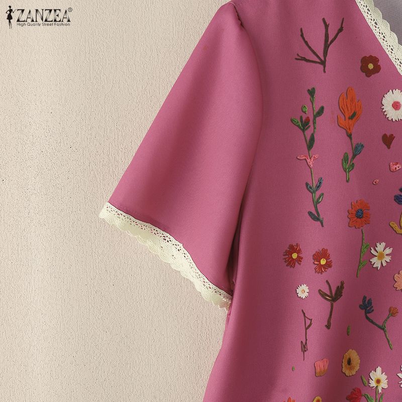 ZANZEA Women Casual V-Neck Short Sleeve Floral Print Blouse