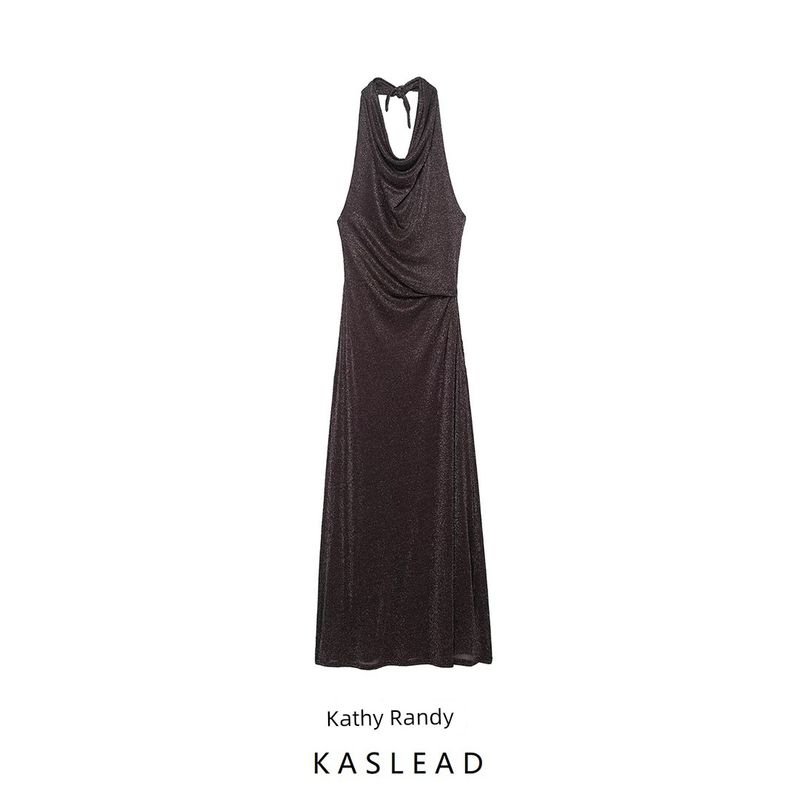 Kaslead New Women clothes Western Style Fashion Backless Metallic Color Line Length Dress 2180237