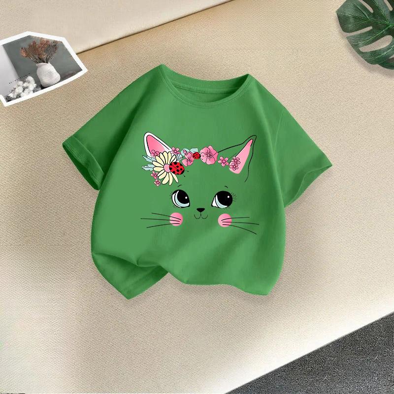 

Летняя детская футболка с рисунком кота и цветочным принтом, топы с цветочным принтом котенка для девочек, белая футболка с короткими рукавами и рисунком дикого кота, футболка с милым животным и мультяшным котом 150