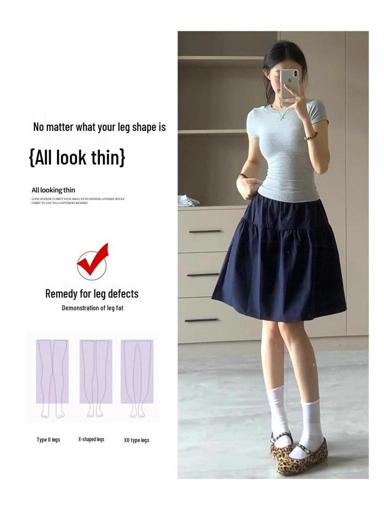 Jupe Midi Trapèze Style Preppy Bleu Marine - Taille Haute Rétro pour Printemps/Été 2025