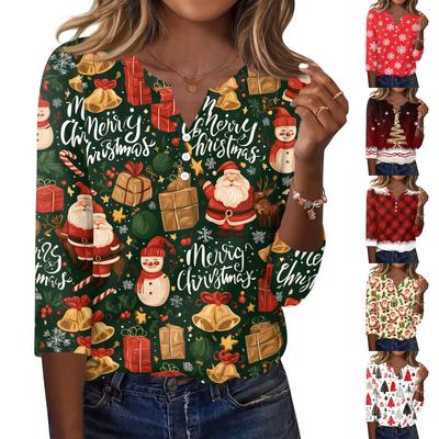 Women's Fashion Casual Christmas Print V-Neck Button Three-Quarter Sleeve T-Shirt Blouse