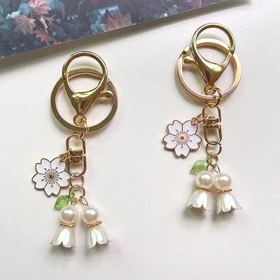 Beautiful Lily of The Valley Key Holder Gold Color Metal Buckle Woman's Handbag Ornament Elegant Flower Keychains