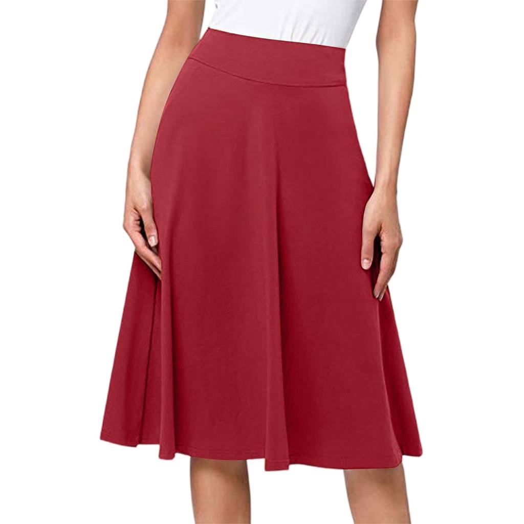 Women's High Waist Knee Length Elastic Knit A-Line Stretch Flared Casual Midi Skirt