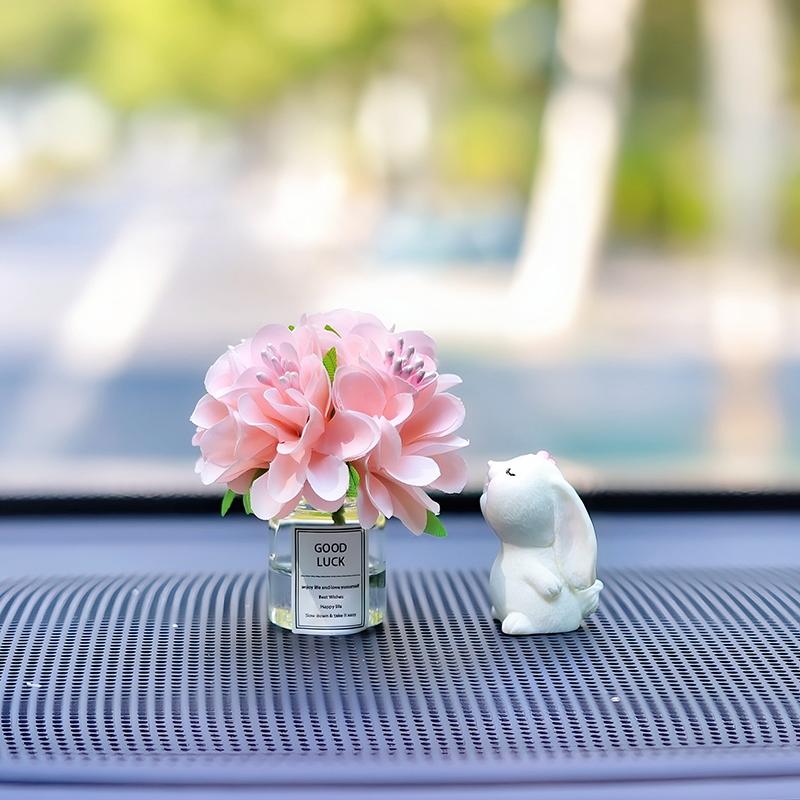 Cute Rose Flower Vase and Rabbit Car Interior Decoration Ornaments Auto Center Console Decoration Gadgets For Car Accessories