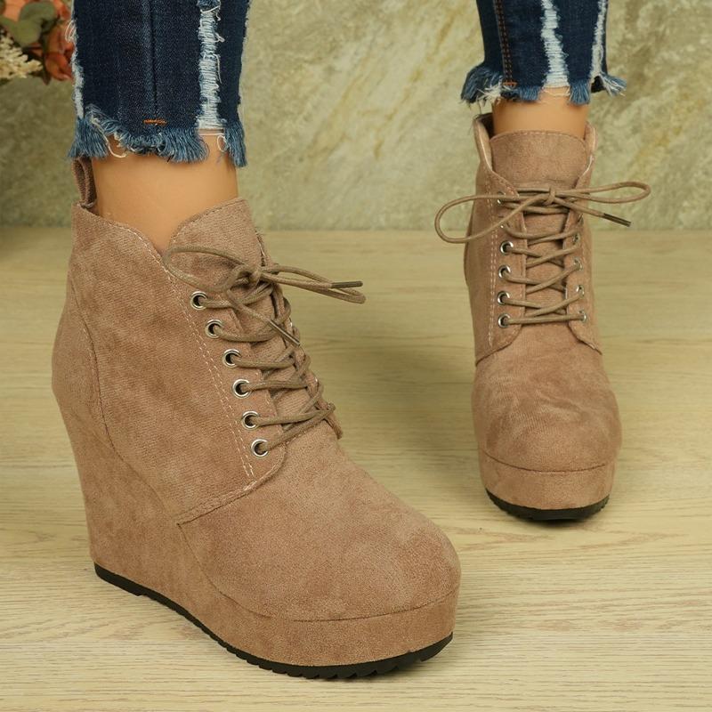Large Size Suede Lace-up Wedge-heeled and Nude Short Boots Women's Winter Plus Velvet Warm Wedge-heeled Short Boots