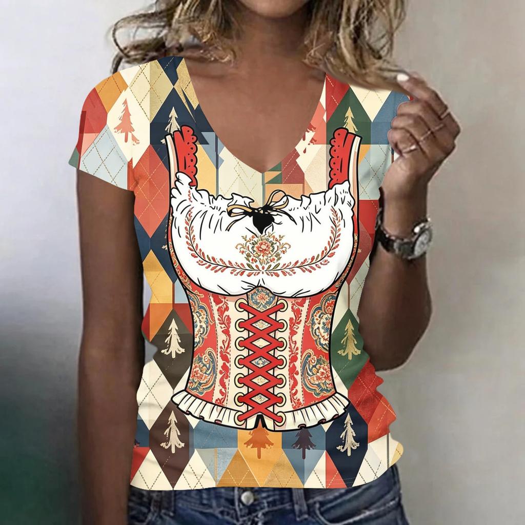 Camiseta Casual de Manga Corta con Cuello en V para Mujer con Estampado de Oktoberfest Top Tejido Ligero y Suave Ajuste Cómodo para el Uso Diario