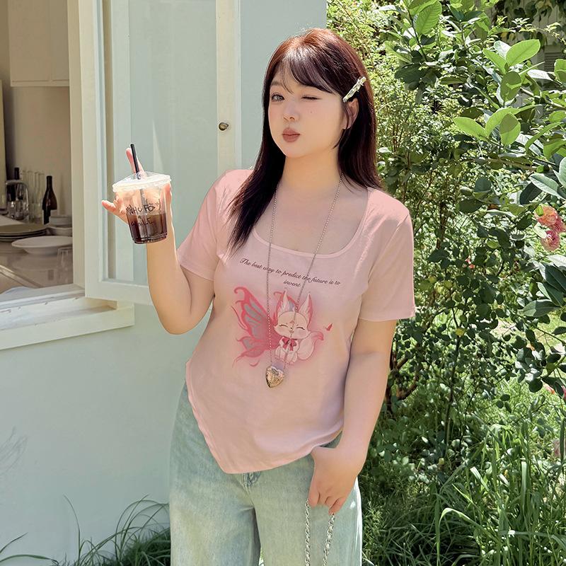 Large Size Women's Clothing Little Fox Printed Square Collar T-shirt Summer New Women's Sweet and Spicy Showing Thin Top 242396