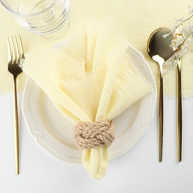 6pcs 32x32cm 100% Cotton Soft Beige Gauze C Wedding Napkins Reusable Blue Trim Tea Towel Rustic Retro Burrs Napkins For Dinner,Party,Weddings