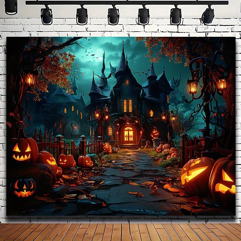 2D 2D Planar Halloween Polyester Background Banner | | | Demon House and Pumpkin Theme | Suitable for Parties and Decorations