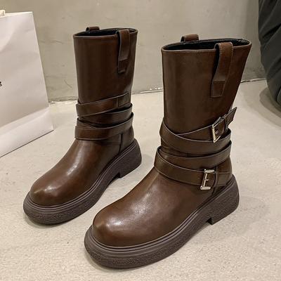 Novas botas de cowboy estilo britânico femininas de fundo grosso e da moda com vincos no meio do tubo e botas finas de empilhamento