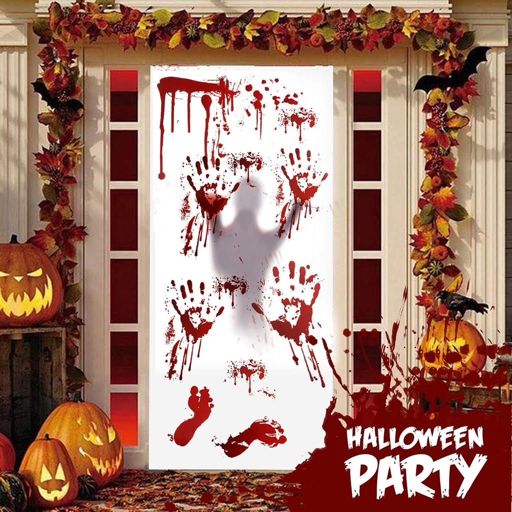 159 PCS Halloween Decorations, 8 Sheets Terror Bloody Handprint Footprint Window Stickers, 8 Sheets Tattoo Stickers, Halloween Party Indoor/Outdoor