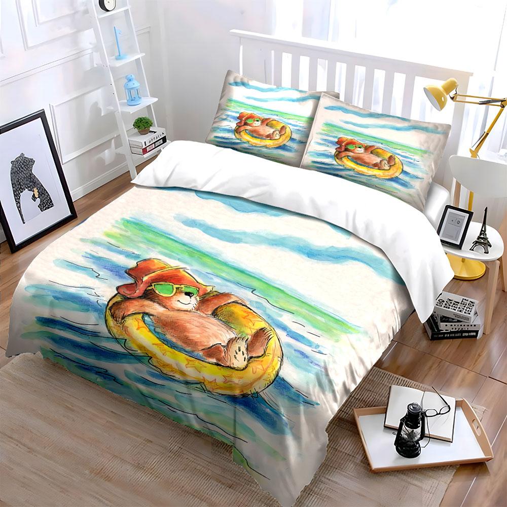 Relaxing Bear In Summer Float Bedding Duvet Cover Set Duvet Cover Pillowcases (1*Duvet Cover 2*Pillowcases, Without Duvet Insert)