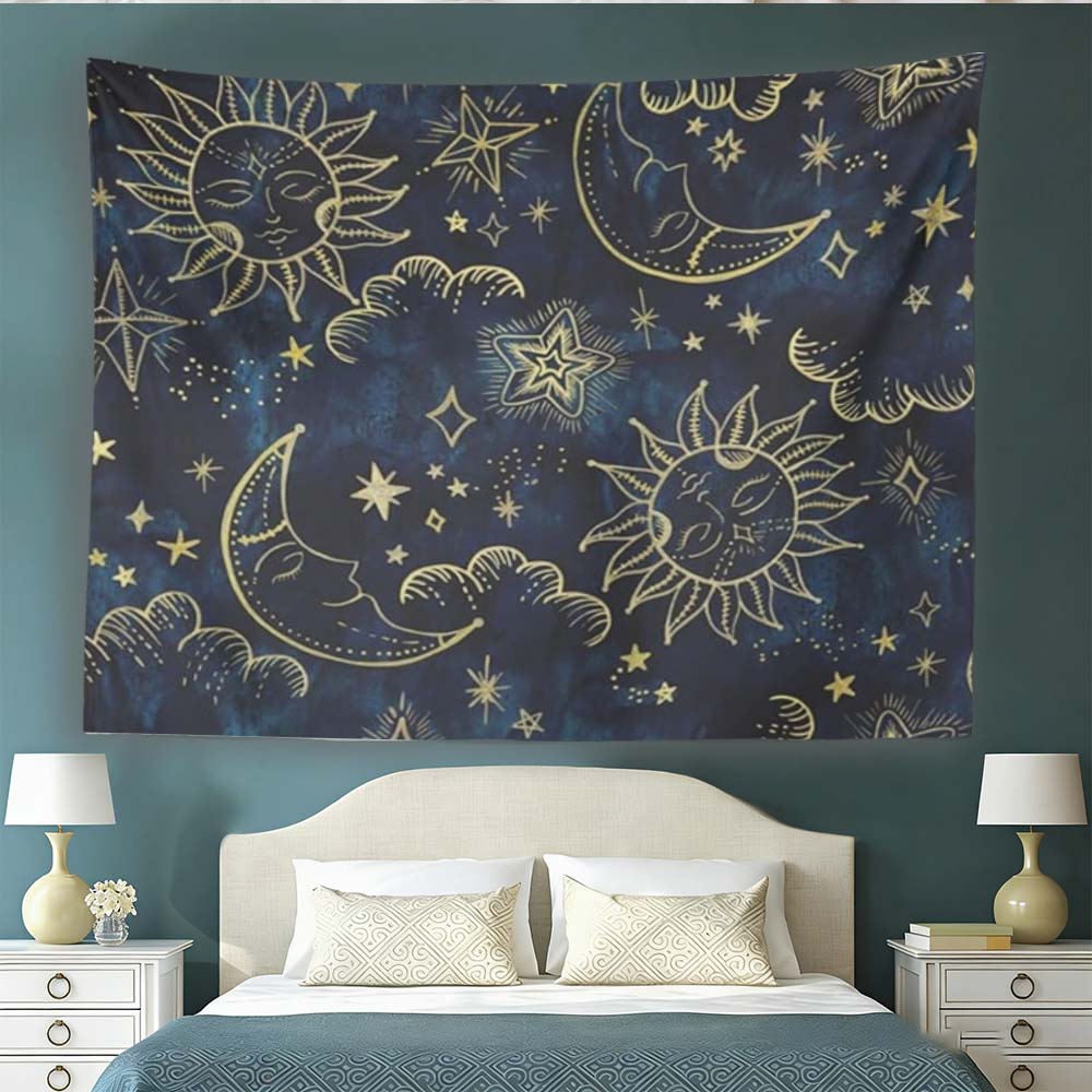 Sun Moon Star Tapestry Boho Celestial Wall Tapestry Aesthetic Blue Gold Tarot Astrology Wall Hanging for Bedroom Living Room