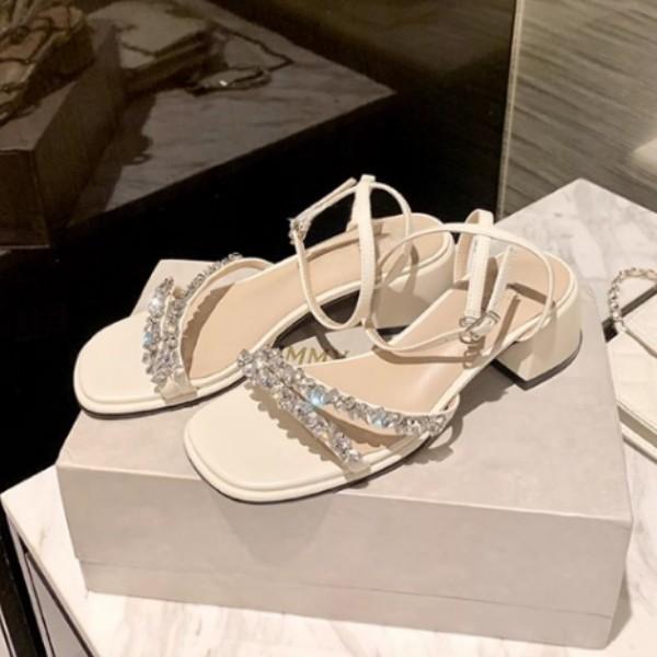 Sandals Women's Summer Thick Heels Cool Slippers 2025 French Light Luxury Rhinestone with Open-toed Women's Shoes Outside Wearing Fairy Style