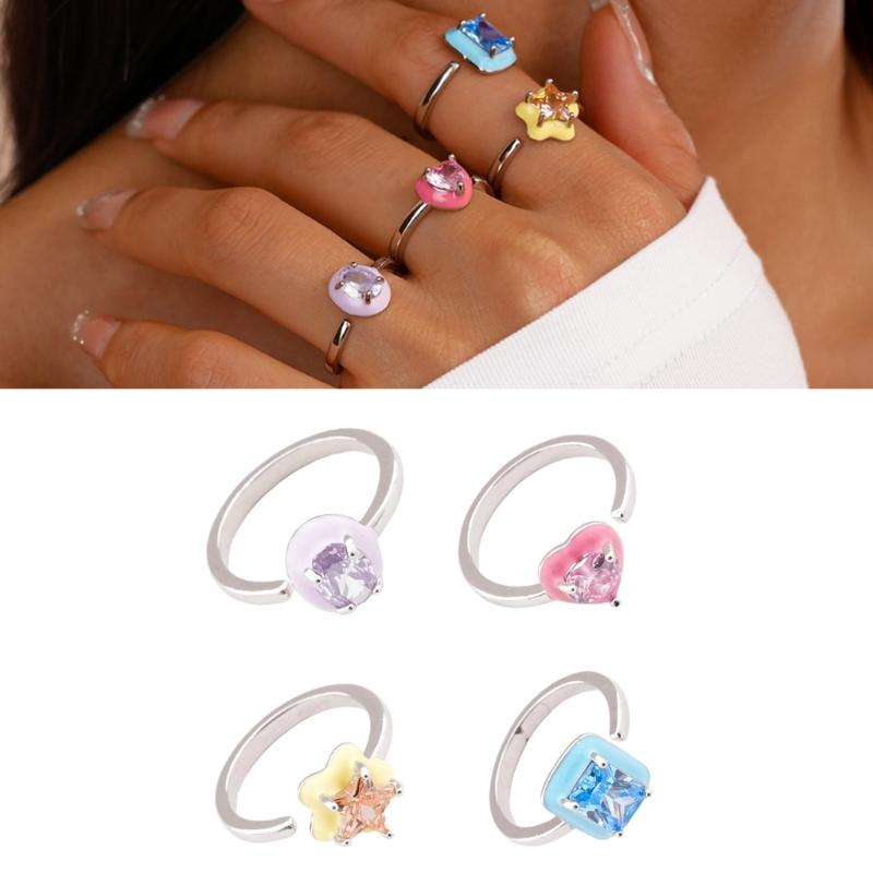 Elegant Square/Star/Heart/Oval Adjustable Ring Cubic Zirconia Embellished Copper Jewelry Trendy Stackable Accessory