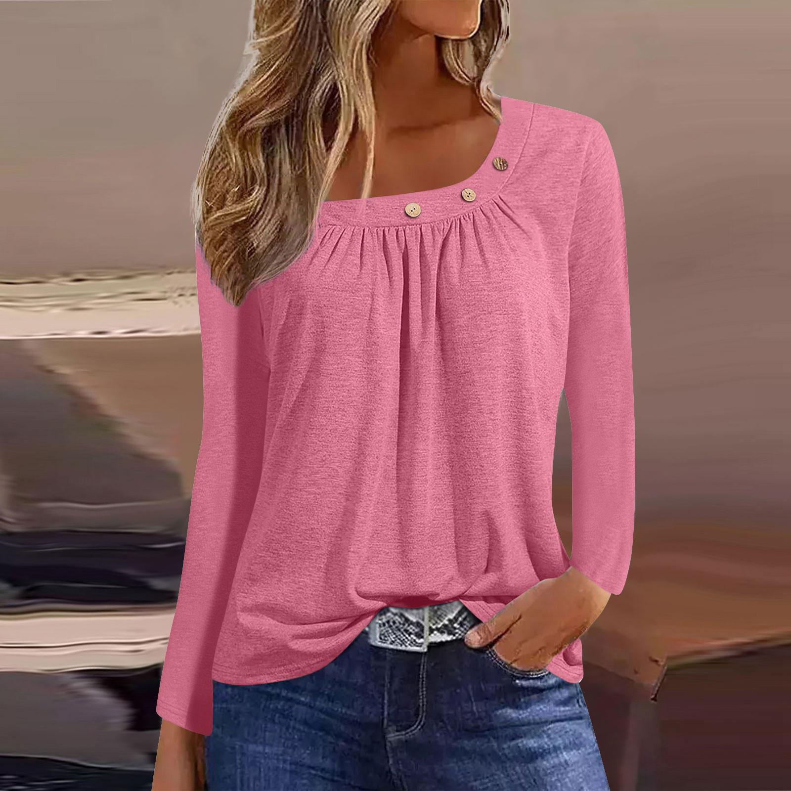 

Блузки с длинным рукавом для женщин, повседневная рубашка на пуговицах с круглым вырезом, однотонная блузка, топы, свободная посадка, осенняя рубашка, топ S розовый