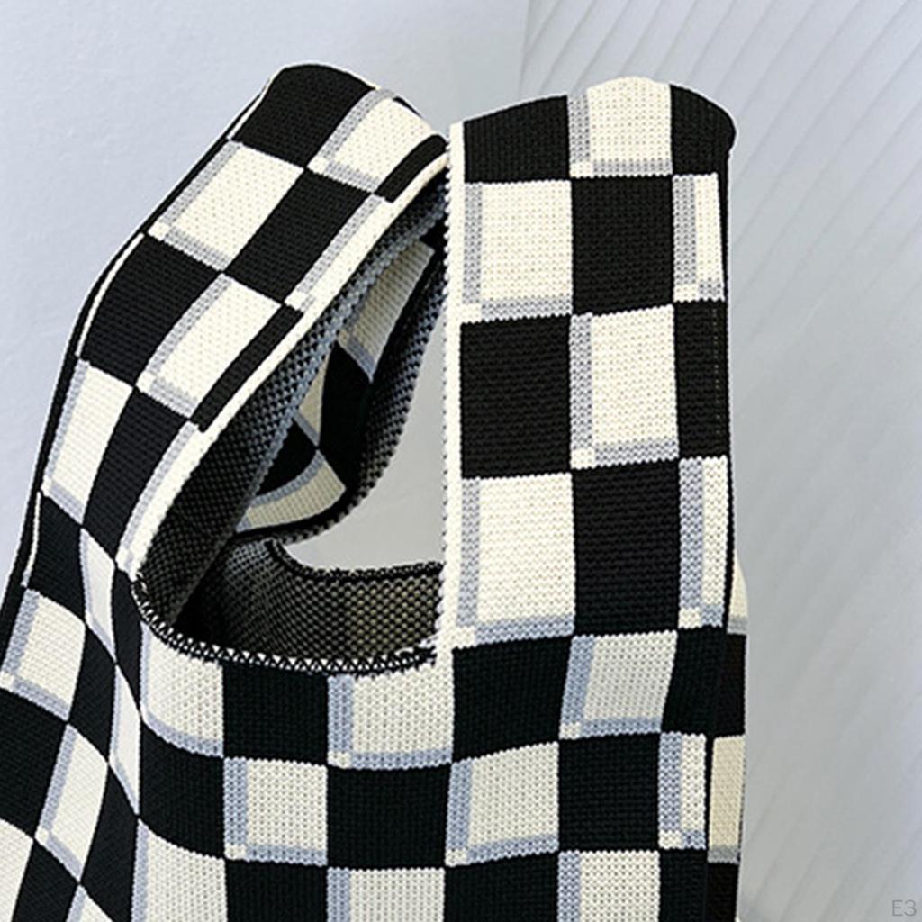 Knitted Checkerboard Women Handbag Tote Grid Pattern Soft Woven Large Capacity Casual Purse for