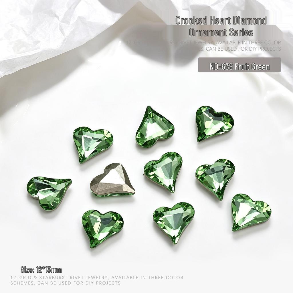 "10-Piece Heart-Shaped Nail Art Accessories with Pointed Bottom Transparent and Colorful Diamonds"