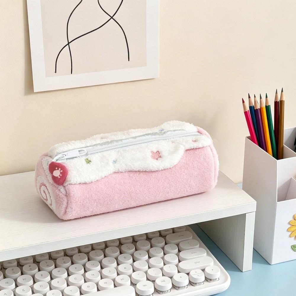 Durable Pencil Case Star Embroidery Large Capacity Pencil Pouch Soft Fluffy Swiss Roll Shape Stationery Bag School Supplies