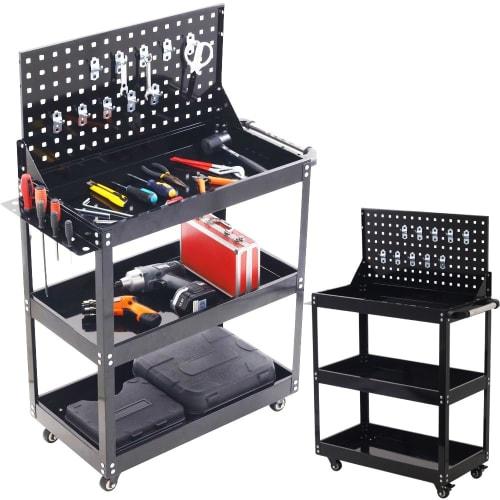 seathestars 3-Tier Large Tool Cart, Tool Wagon, Tool Trolley, Tool Storage, with Casters, Locking Brackets, Mesh Panel, and Handle, 150kg Weight Capac