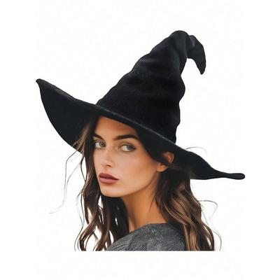 Halloween Wrinkled Witch Hat, Velvet Wizard Hat with Curved Horn, Black Witch Hat for Cosplay