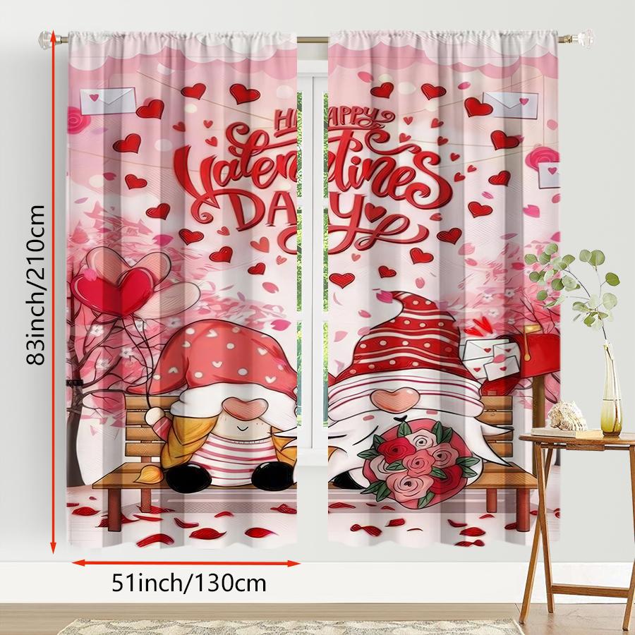 2 Stück "Happy Valentine's Day" Gartenzwerg & Herz Vorhänge   Perfekt für festliche Fensterdekoration Vorhang mit Stangendurchzug