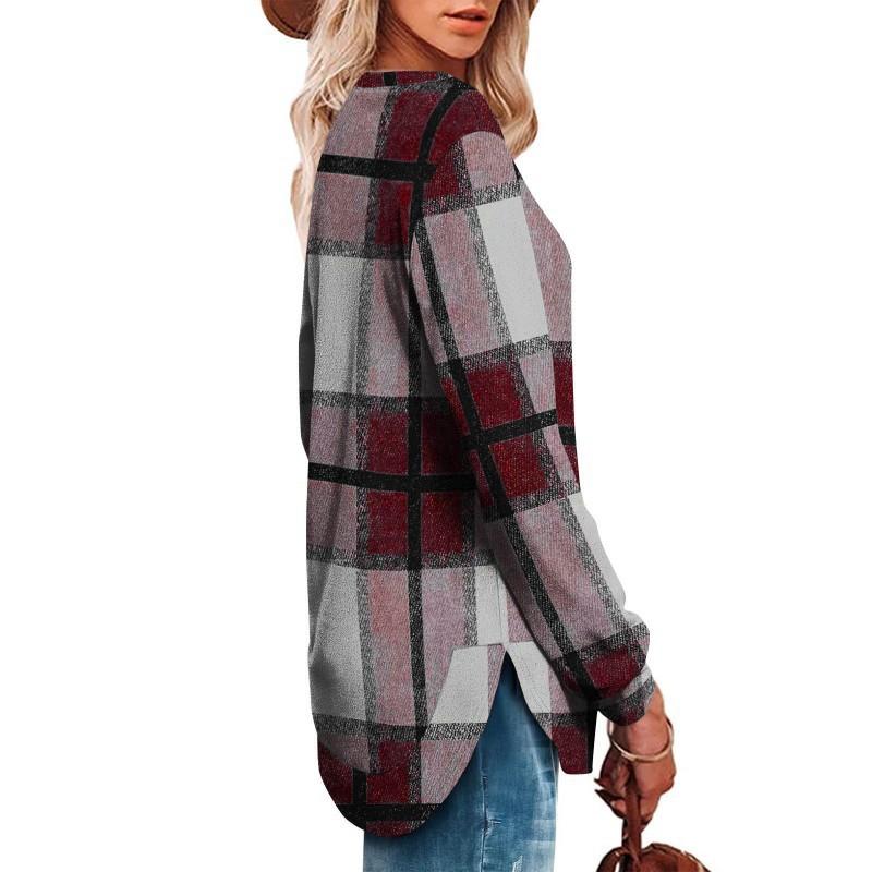 2026 Women's Casual Loose Plaid Long Sleeves Round Neck Irregular Bottled Shirt Top