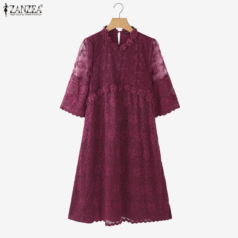 ZANZEA Women Round Neck 3/4 Sleeve Casual Elegant Lace Dress