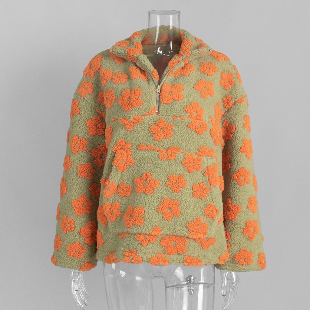 Fleece Floral Sweatshirt 2026 Fall Winter New Fashion Warm Fuzzy Pullover Crew Neck Long Sleeve Casual Top for Women