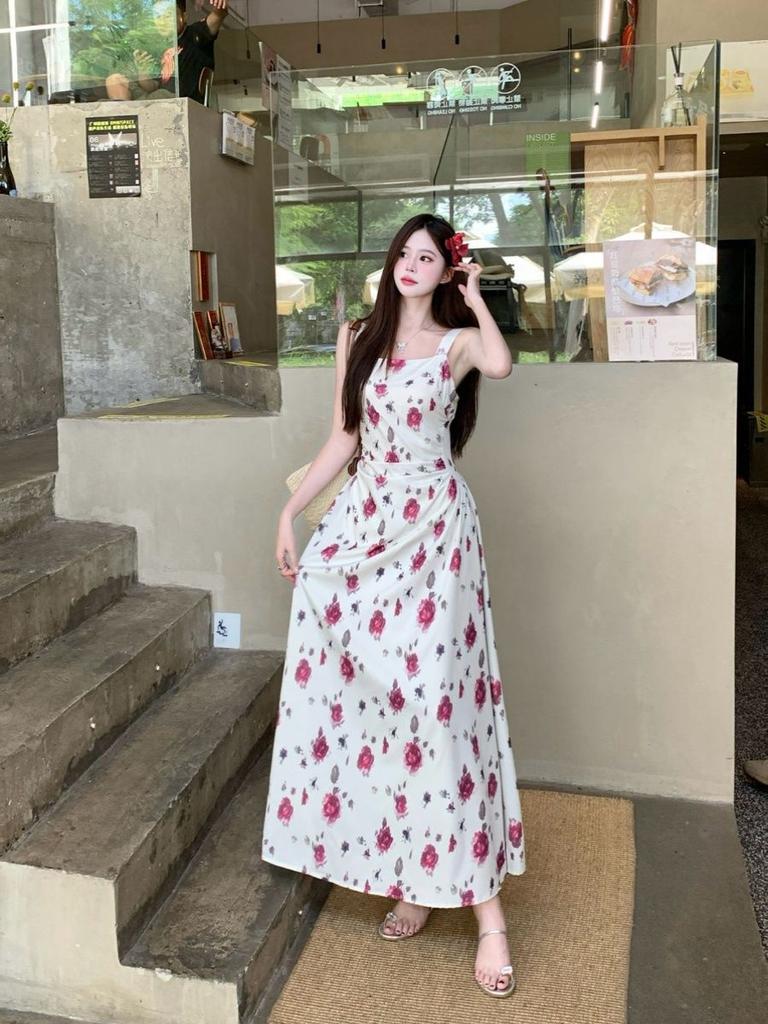 French Pure Desire Coffee Break Floral Suspender Dress Women's Summer Waist Super Fairy Seaside Vacation Temperament Long Dress Tide