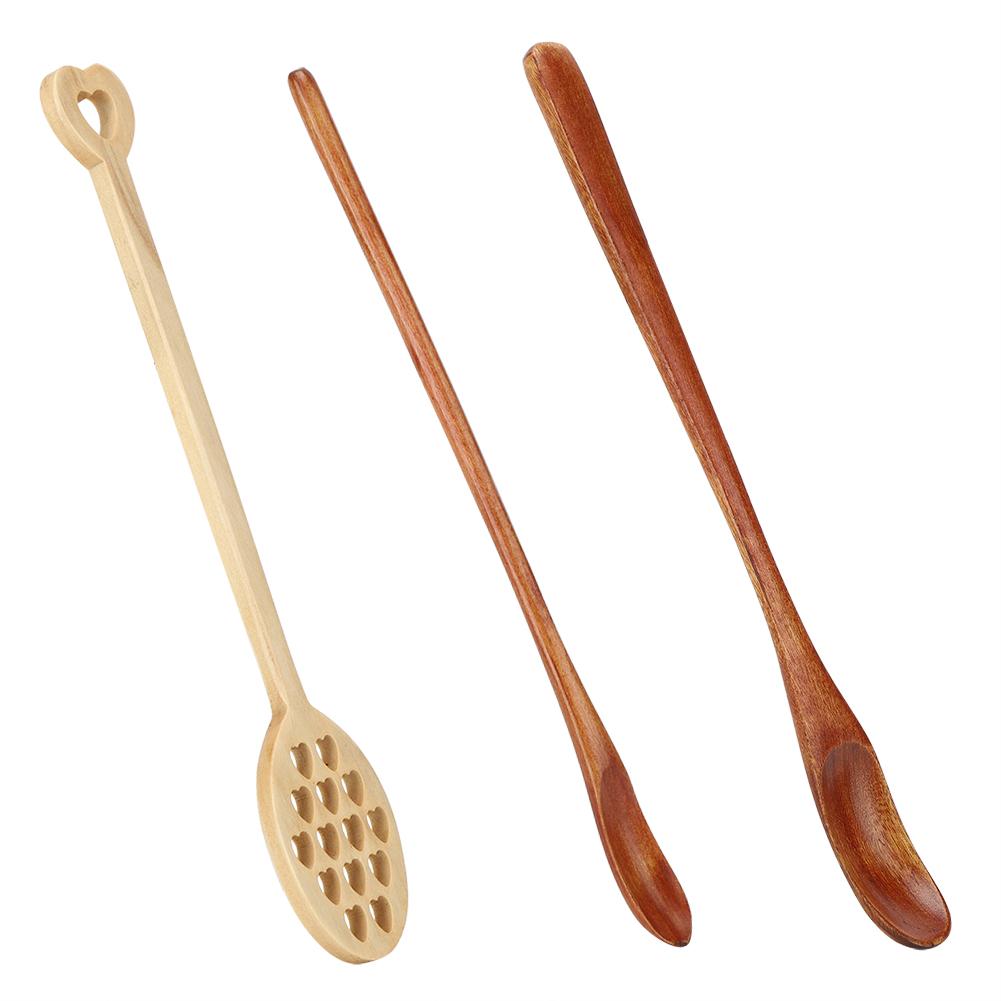 3Pcs Home Long Handle Wood Stirring Spoon Mixing Slotted Spoon for Coffee Milk Honey Use