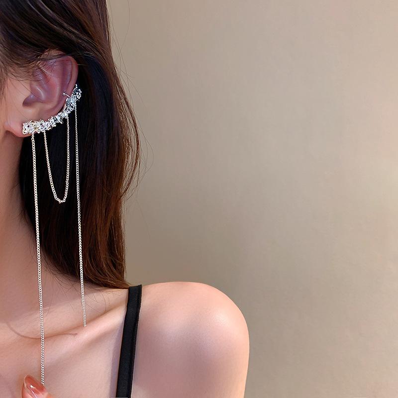 Cercei clip cu franjuri din cristal artificial roz, super zână, dulci și cool, fluture vânt fără piercinguri în urechi, clipsuri pentru osul urechii, cercei premium.