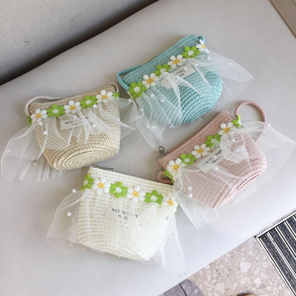 Girls Summer Straw Hat With Pearl Mesh And Bowknot Wide Brim Sun Hat For Kids Beach Princess Shade Cap