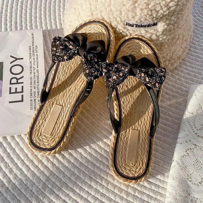 Fashion Slides Open Toe Bow Flip Flops Women's Slippers and Ladies Sandals Outside Shoes on Beach 2024 Flat Pvc 39 Promotion Top Designs