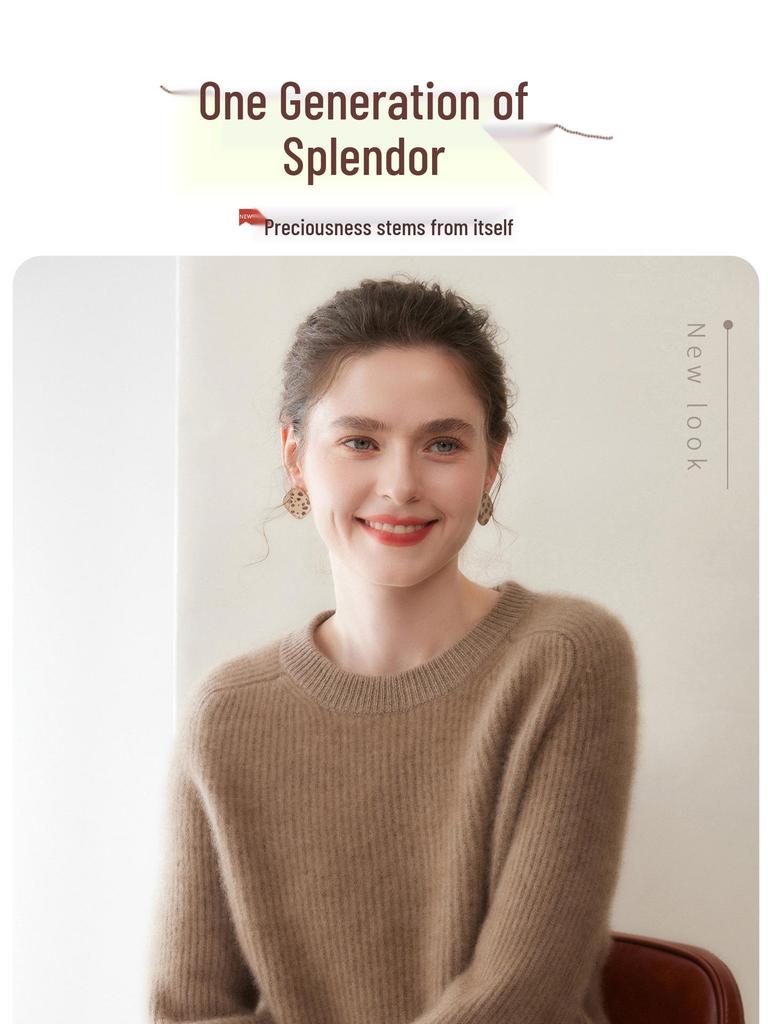 Ribbed Cashmere Round Neck Women's Short Pullover Sweater - Solid Color Loose Knit Top