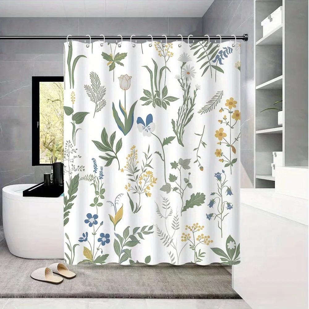 Waterproof Shower Curtain - Forest Green Plant & Flower Pattern, Digital Print, Ideal For Bathroom & Toilet Partitions