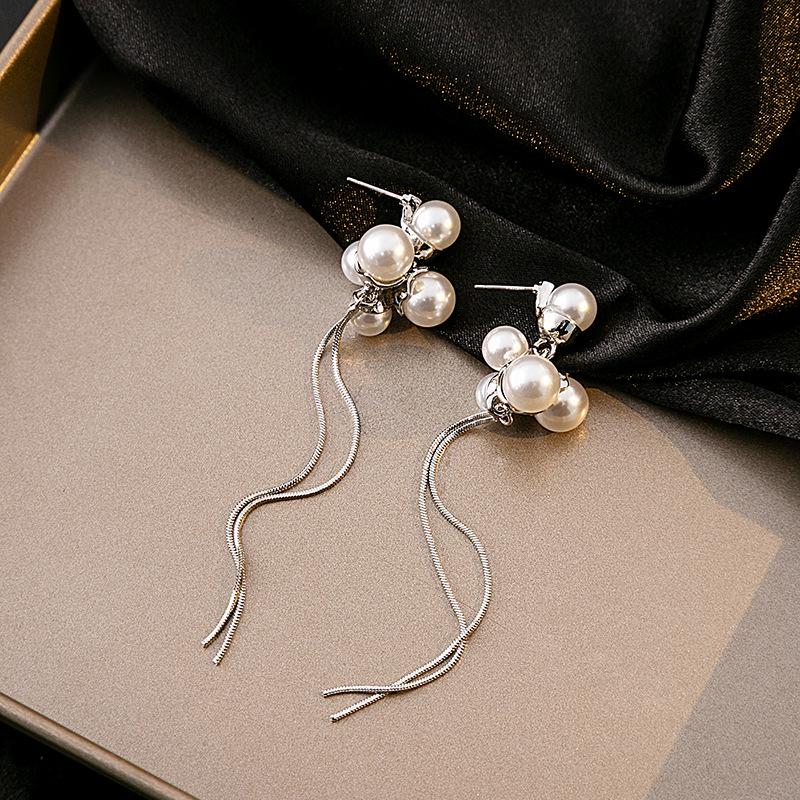 Silver Needle Pearl Long Tassel Earrings - Elegant High-End Cold Style for Women