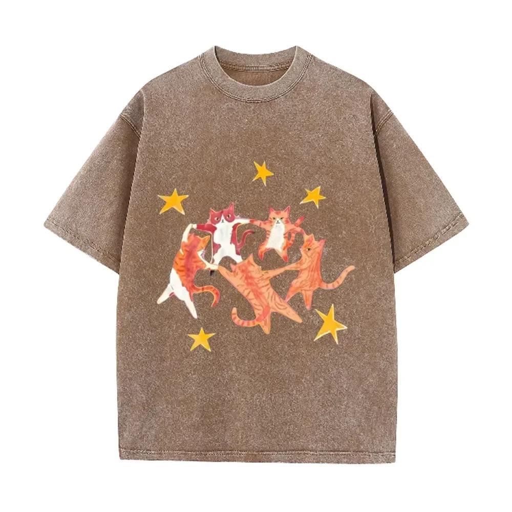 T-shirt Casual Mignon Animal Graphique Étoiles Violet Lavé Vintage Chats Orange Dansants