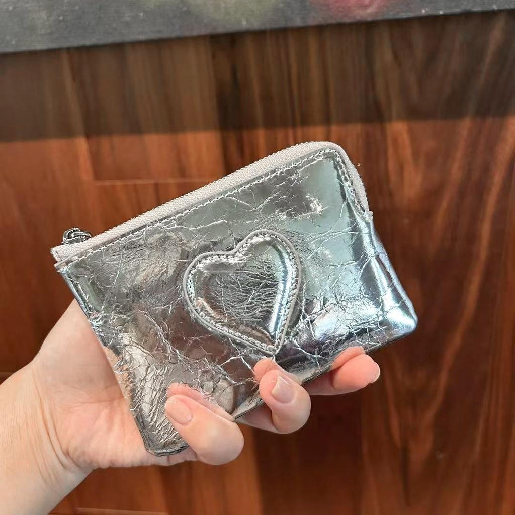 Women's Leather Coin Purse with KeyChain Small Zipper Heart pattern Change Pouch for Women Wallet Hanging Buckle Coin holders