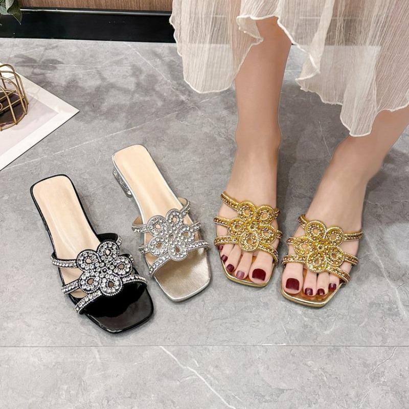 Fashion Women's Fashion Square Head Open Toe Crystal Flower Fine Strap Anti-slip Wear-resistant Sandals with Mid-heel Slippers
