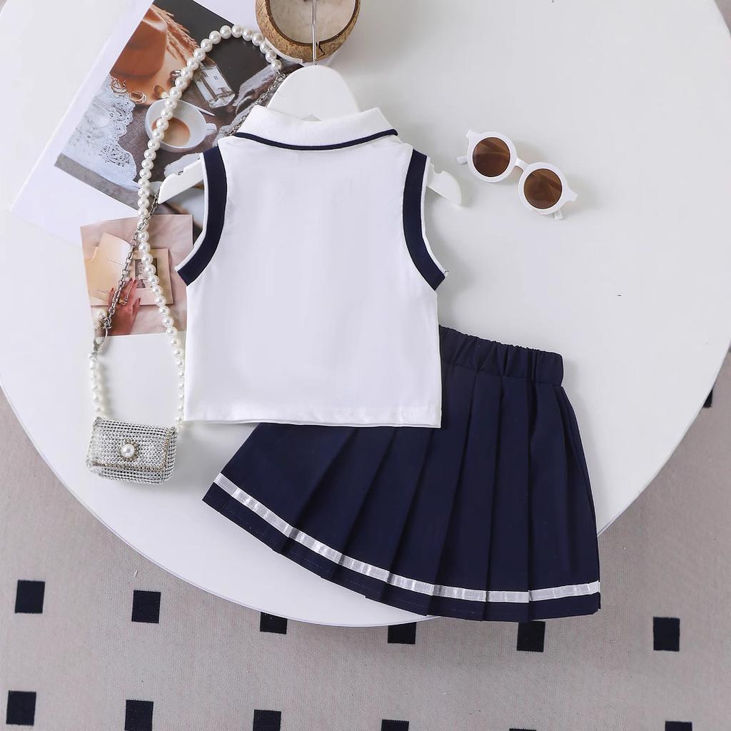 Girls' Fashion Set: Summer Children's POLp-neck Sleeveless Top + Pleated Skirt Two-piece Set