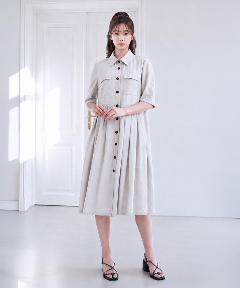 LBYL Beige Linen Wine Stitch Dress