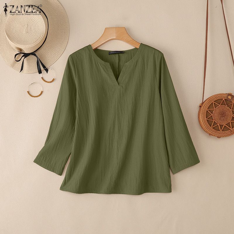 ZANZEA Women Casual V-Neck Solid Color 3/4 Sleeve Loose Blouse