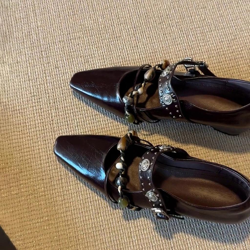 Retro style rivets beaded square head inner height increase Mary Jane shoes shallow mouth word with temperament single shoes